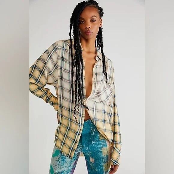 Free People One Grunge Ombré Plaid Top - Yellow Multi - Medium - Picture 2 of 16